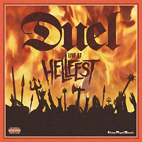 CD cover for "Duel - Live At Hellfest" with fiery, silhouetted imagery.