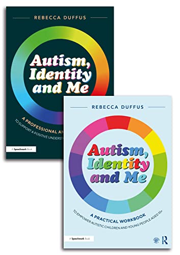 Two book covers titled Autism, Identity and Me, featuring colorful circular designs.