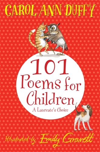 Book cover with a red polka dot background, featuring a cat, owl, and dog.