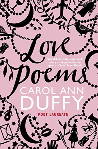 Pink book cover with black whimsical illustrations and title Love Poems by Carol Duffy.