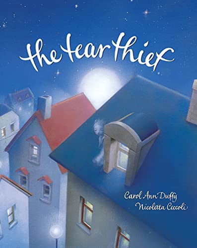 Book cover: Rooftops under a starry night, with a small, sad figure.