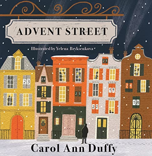 Colorful illustrated houses on a snowy street, with a lone figure.