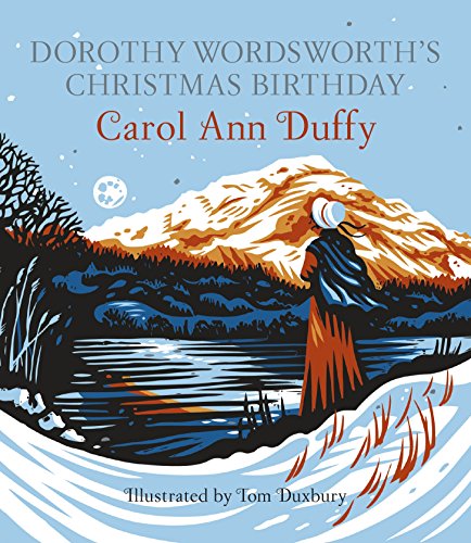 Book cover: woman by lake and mountains, winter scene, illustrated.