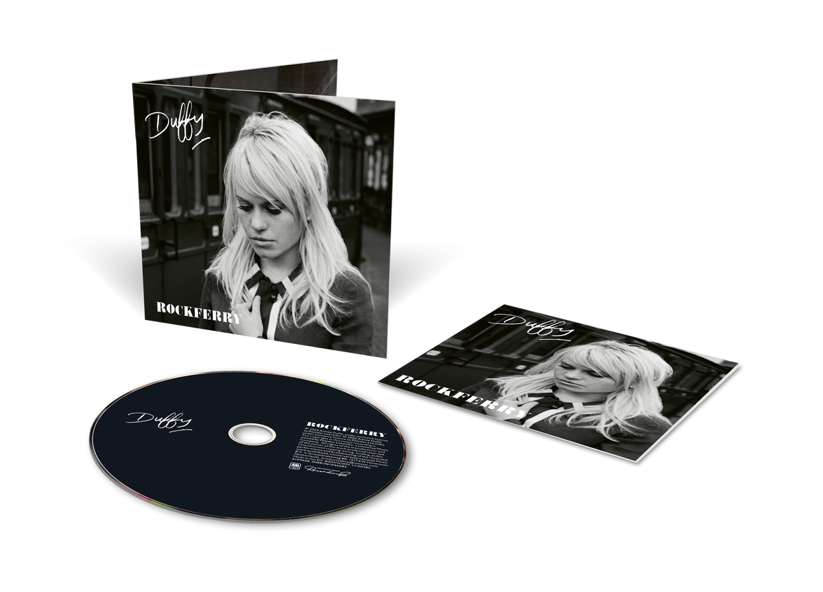 Duffy’s “Rockferry” CD case and disc, black and white portrait shown.