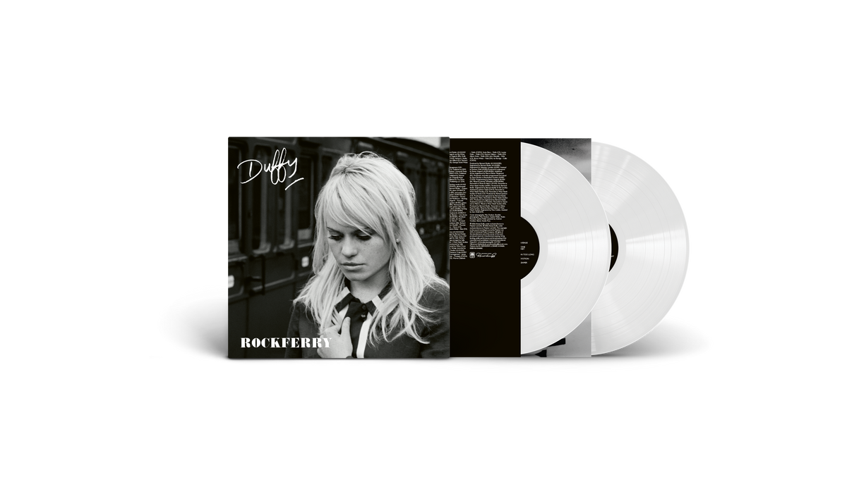 Duffy's "Rockferry" vinyl record with white discs and black and white cover.