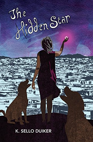 Book cover: woman and dogs looking at a glowing star over a city.