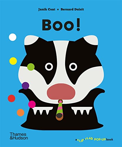 Cover of “Boo!”: a stylized black and white badger face with colorful dots.