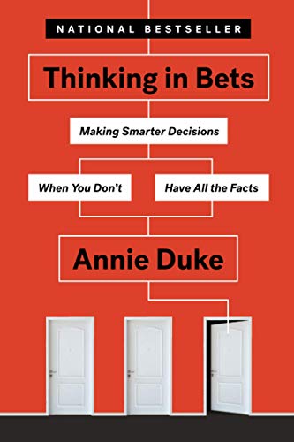 Book cover with red background, text, and three white doors at the bottom.