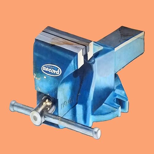 A blue Record No. 4 metal bench vise against a solid orange background.