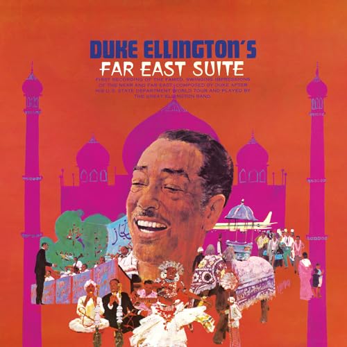 Duke Ellington vinyl cover with orange background, magenta silhouettes, and a portrait of Ellington.