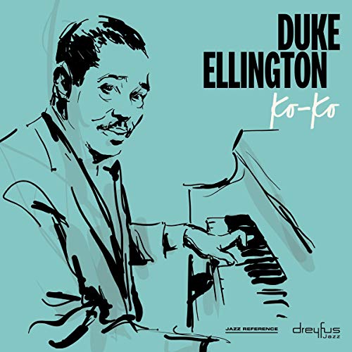 The image shows a green album cover featuring a man playing piano. Alt text: Green album cover with black illustration of Duke Ellington playing piano.