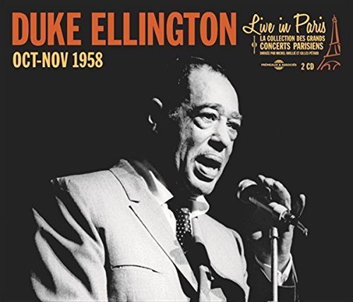 Duke Ellington portrait on a black and red "Live in Paris" CD cover.