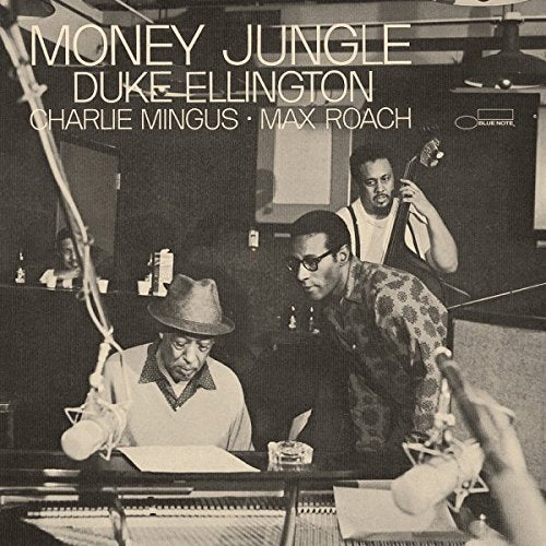 Money Jungle" CD cover featuring Duke Ellington, Mingus, and Roach in a studio.