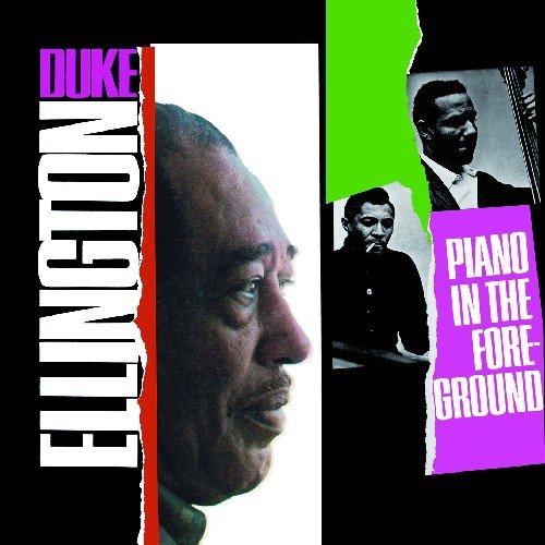 "Duke Ellington album cover with his profile and black-and-white photos on a black background."