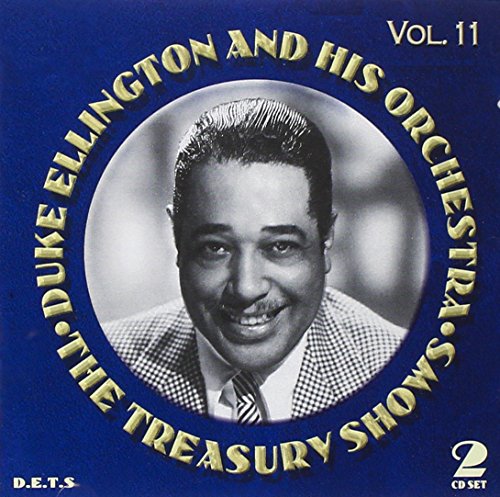 "Duke Ellington's black-and-white portrait on a blue album cover with gold text."