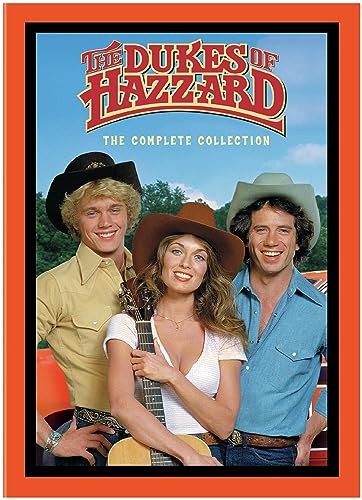 The Dukes of Hazzard" DVD cover featuring Bo, Daisy, and Luke Duke.