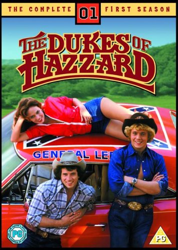 DVD cover for "The Dukes of Hazzard" featuring characters and the General Lee car.