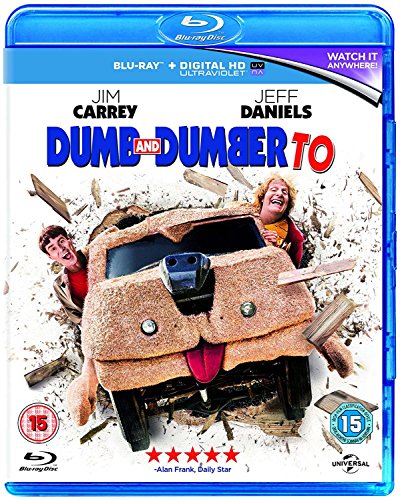 Dumb and Dumber To" Blu-ray cover featuring Jim Carrey and Jeff Daniels with a car.