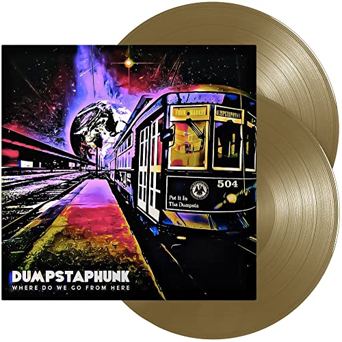 Two bronze vinyl records with a colorful New Orleans streetcar album cover.