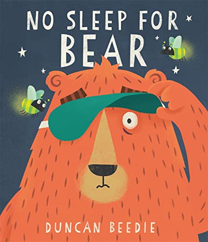 Orange bear wearing a sleep mask, bothered by buzzing bees.