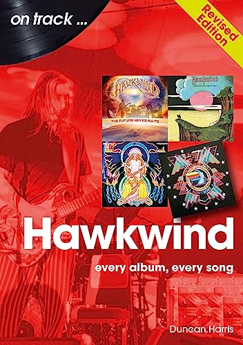 Book cover for “Hawkwind On Track,” featuring album art and a guitarist.