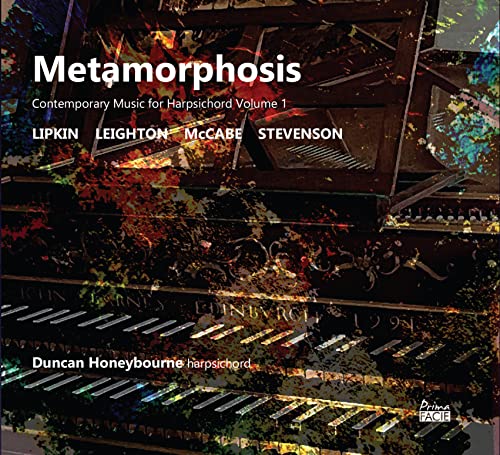 CD cover for “Metamorphosis” featuring a harpsichord and abstract paint.