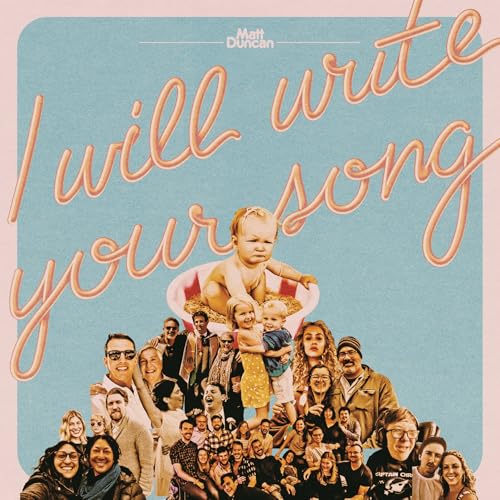 Album cover with text overlaying a collage of many people and a baby.