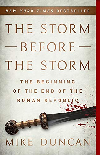 Book cover: “The Storm Before the Storm” with a Roman sword.