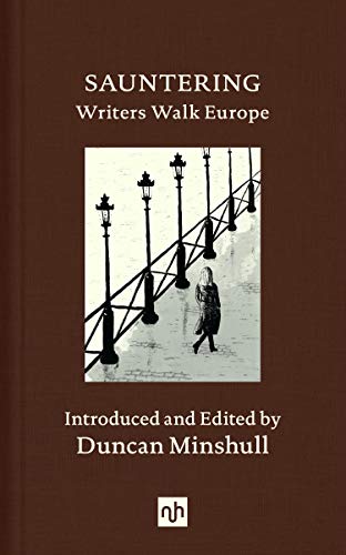 Book cover with a brown background, featuring a drawing of a person walking past lamps.