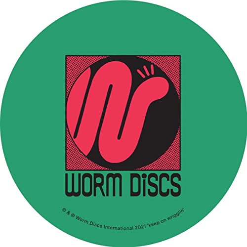 Green vinyl record label with red abstract design and "Worm Discs" text.