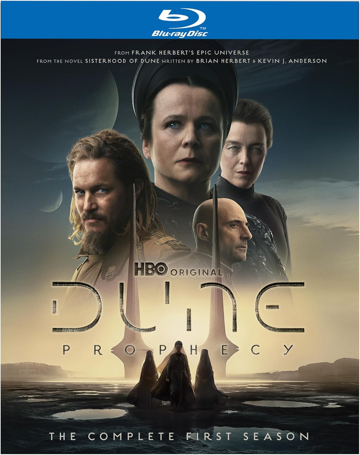 Dune Prophecy" Blu-ray cover featuring three characters and a desert landscape.