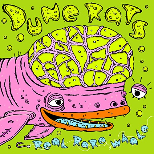 Cartoon pink whale with a brain inside its head, green background.