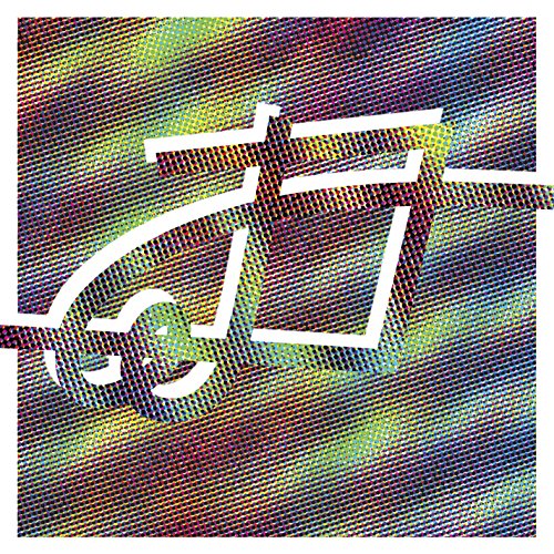 White stylized line art logo over a colorful, halftone-patterned abstract background.