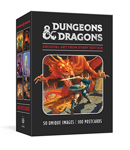 Black box set of Dungeons & Dragons postcards featuring a red dragon.