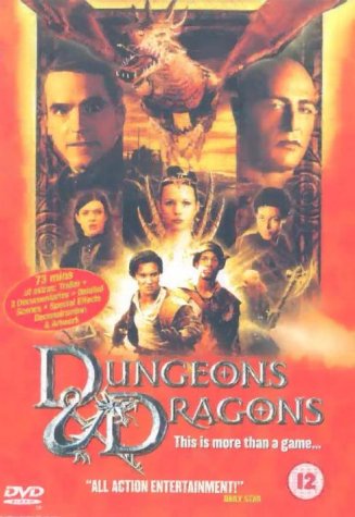 "Dungeons & Dragons DVD cover featuring characters and a dragon on a red background."