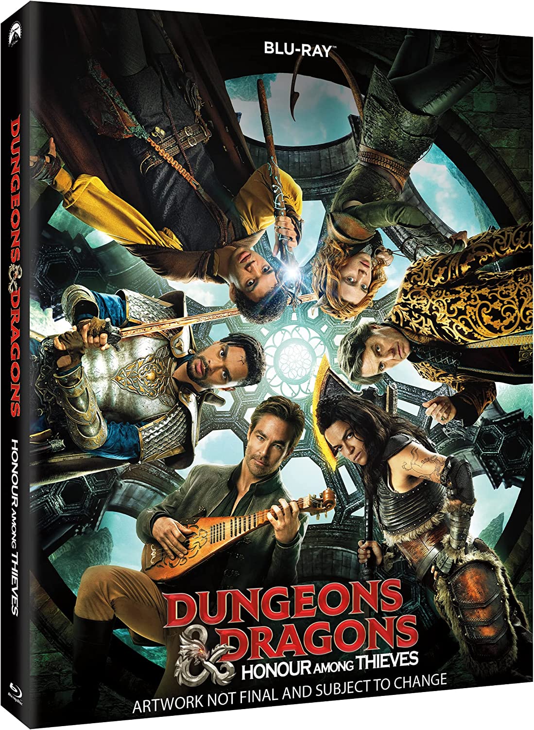 The cast of Dungeons and Dragons: Honour Among Thieves arranged in a circular formation.