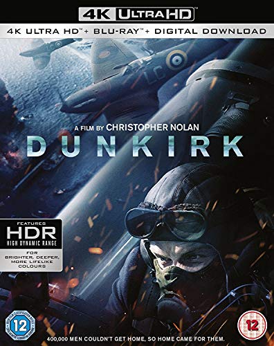 Dunkirk Blu-ray cover with soldiers, planes, and stormy seas; 4K UHD.