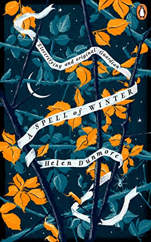 Book cover: dark teal background with orange leaves and white ribbons.