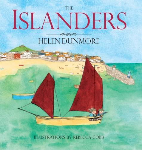 Book cover: watercolor illustration of a boat with two figures near a coastal town.