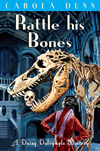 Book cover: dinosaur skeletons and a woman in a red coat.
