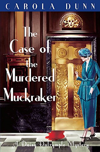 A woman in a teal suit stands before a golden elevator with a bloodstain.