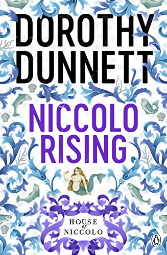 Book cover for “Niccolo Rising” with blue floral patterns and a mermaid.