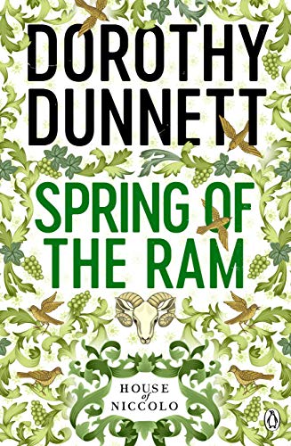 Book cover with green foliage, a ram’s head, and birds in flight.