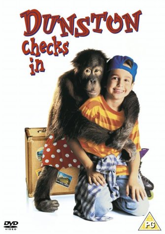 Dunston Checks In" DVD cover featuring a boy and a monkey embracing.