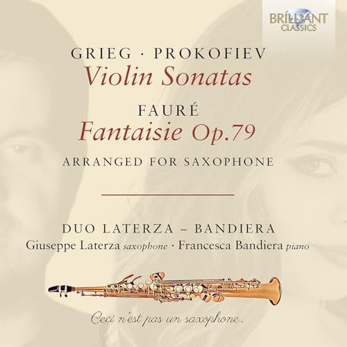 CD cover featuring a saxophone and composers Grieg, Prokofiev, and Fauré.