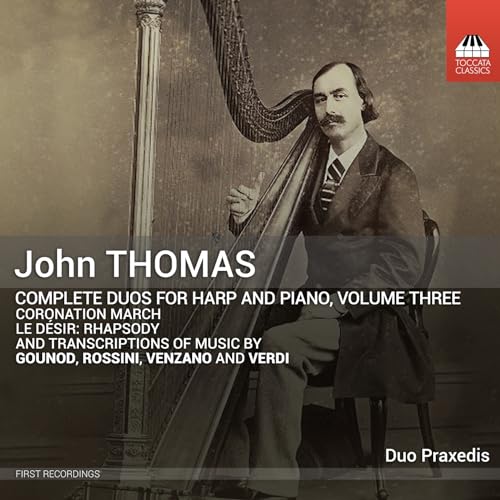 CD cover featuring composer John Thomas with a harp, titled “Complete Duos, Volume Three.”