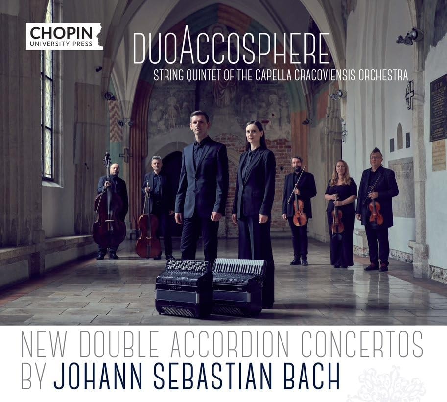 CD cover featuring six musicians and two accordions in a church interior.