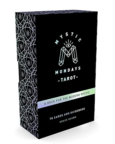Black tarot deck box with white geometric designs and text.