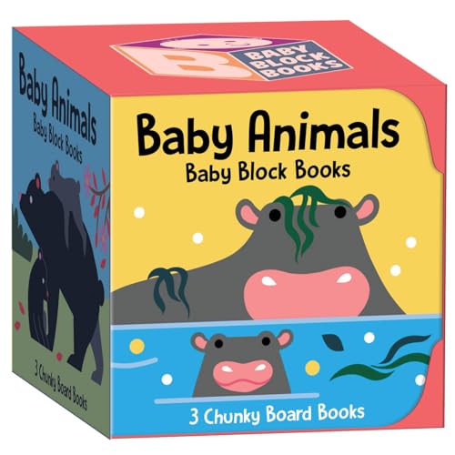 Colorful cube-shaped book featuring illustrated baby animals: cow, hippo, and horse.