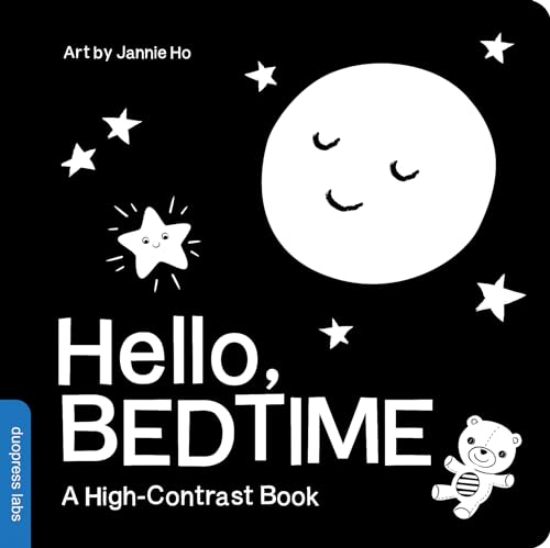 Black and white book cover with moon, stars, and text “Hello, Bedtime”.